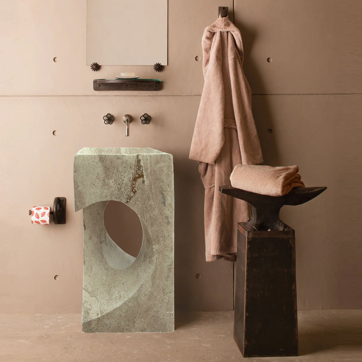 حوض على شكل موقد قائم بذاته من الترافرتين بلون الجوز (العرض) 46 سم (الطول) 46 سم (الارتفاع) 84 سم